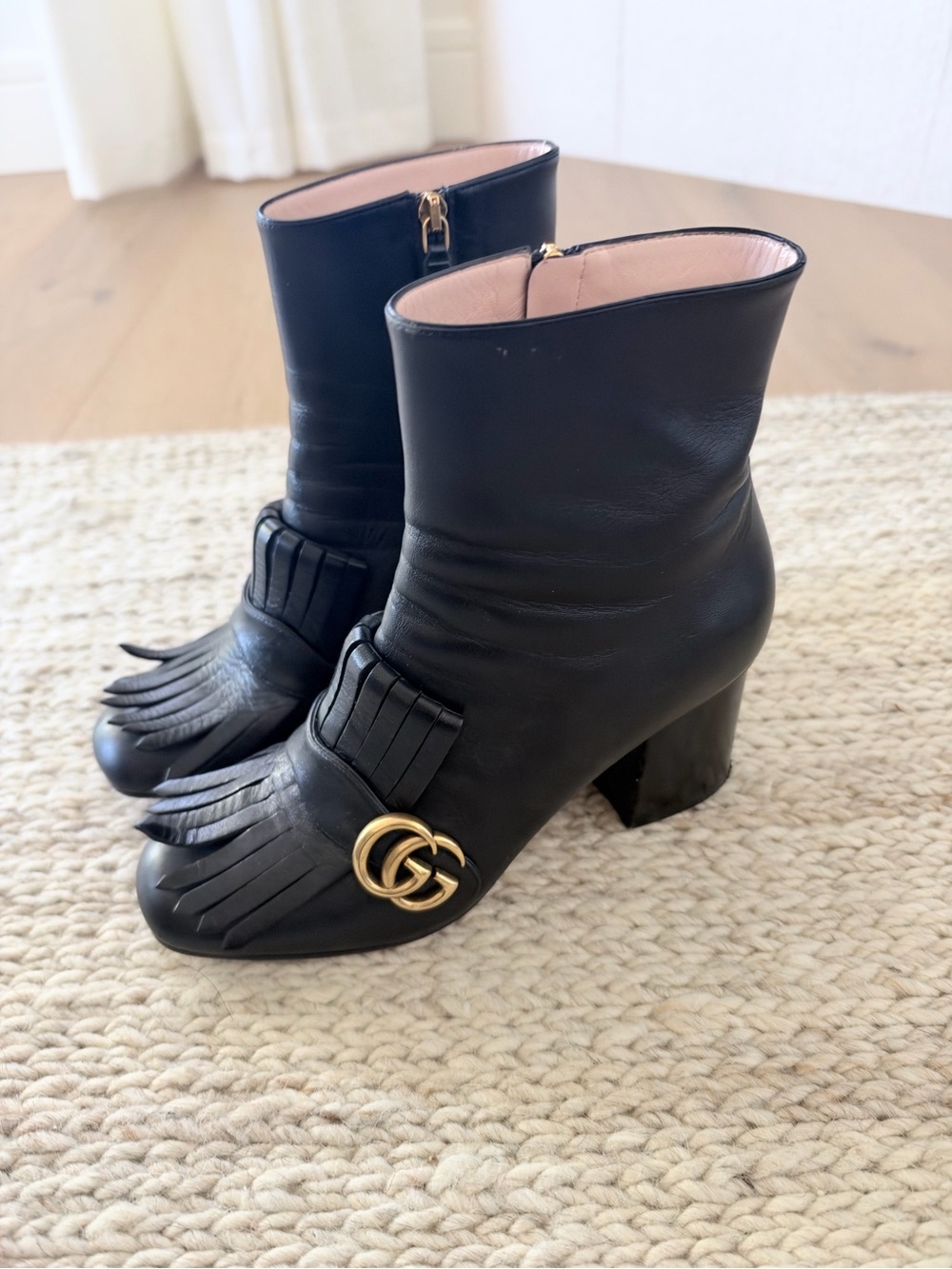 Gucci GG Marmont Kiltie Fringe Black Leather Boots Size 40